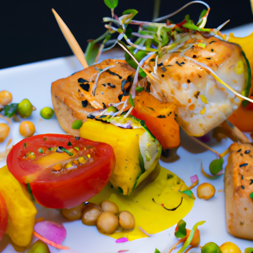 Brochettes arc-en-ciel de légumes grillés et tofu mariné