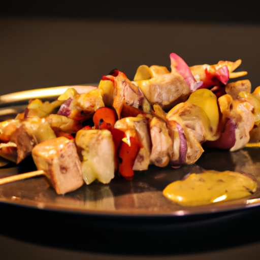 Brochettes de porc laquées au miel et à la moutarde