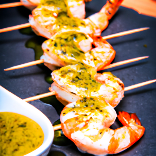 Brochettes de gambas marinées au citron vert et sauce pimentée