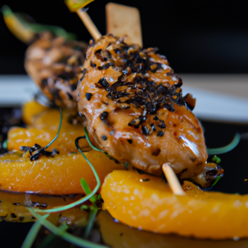 Brochettes de poulet au caramel d'orange et graines de sésame
