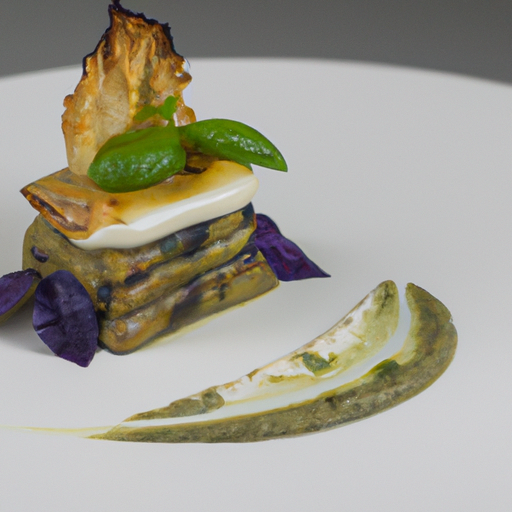 Millefeuille de patates douces et d'aubergines au pesto de coriandre
