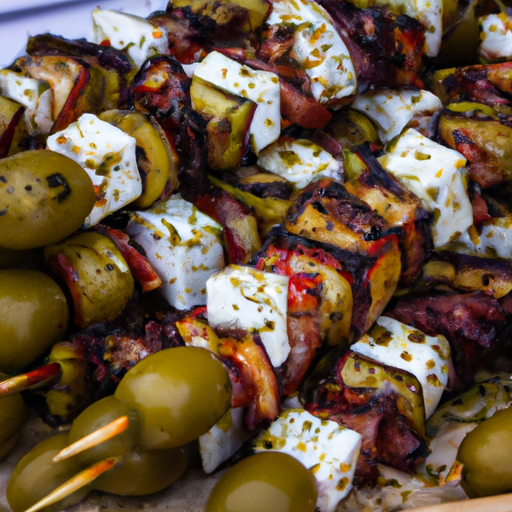 Brochettes de poulpe grillé à la feta et aux olives