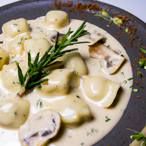 Raviolis de patate douce sauce crémeuse aux champignons