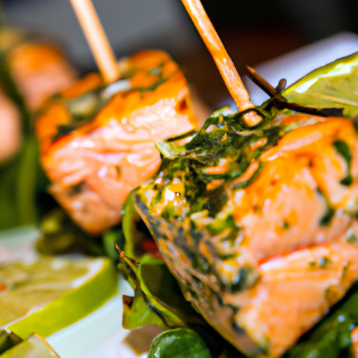 Brochettes de saumon mariné au citron vert et à la coriandre