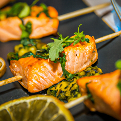 Brochettes de saumon mariné au citron vert et à la coriandre