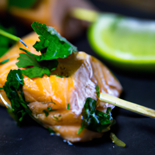 Brochettes de saumon mariné au citron vert et à la coriandre