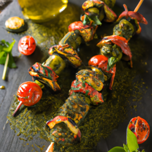 Brochettes de courgettes grillées au pesto de tomates séchées