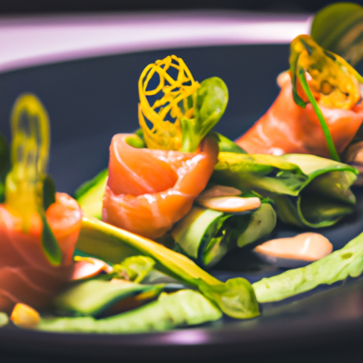 Roulés de saumon mariné au gin et crème d'avocat