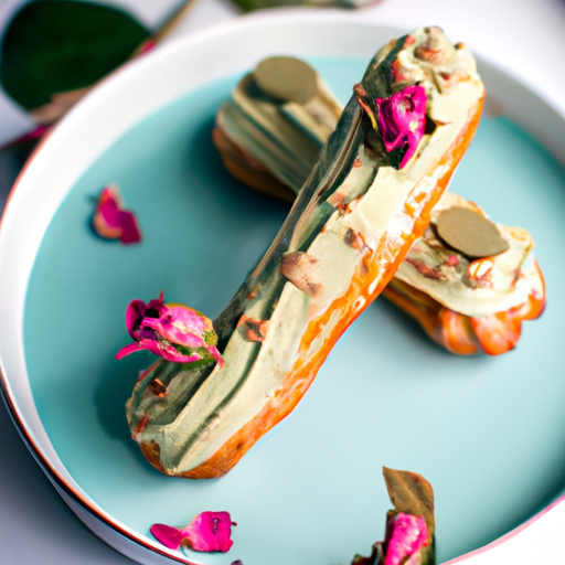Éclairs croustillants à la crème de pistache et pétales de rose