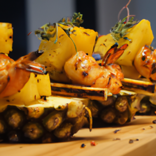 Brochettes de crevettes marinées au curry et ananas grillé