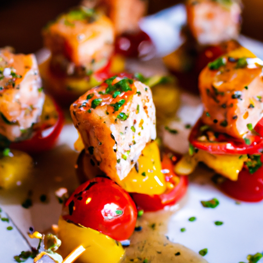 Brochettes de saumon mariné aux fruits exotiques