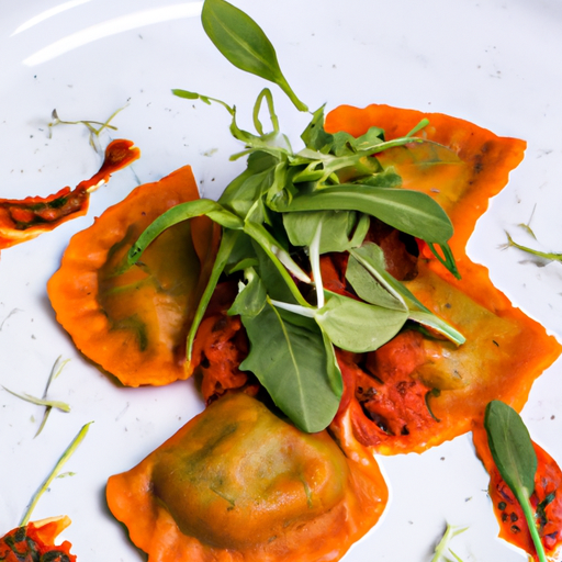Raviolis croquants à la tomate confite et pesto de roquette