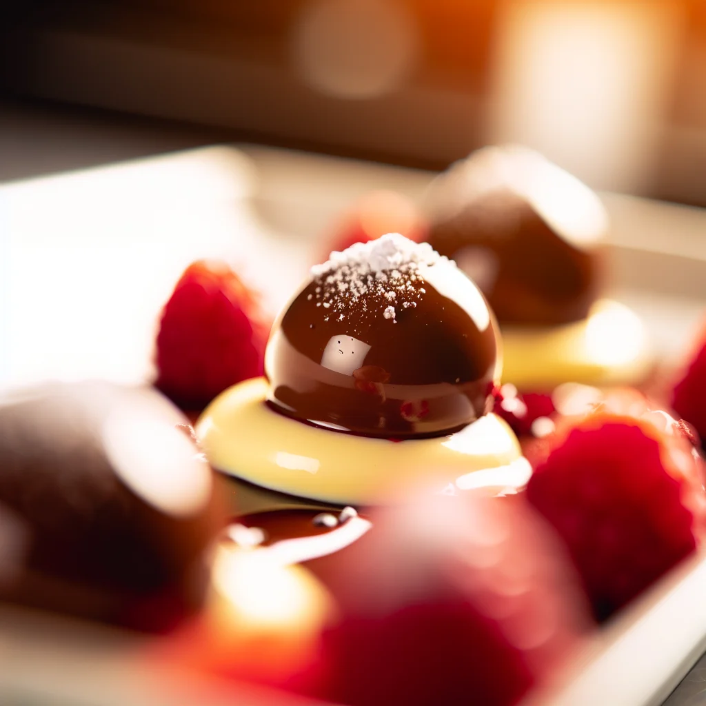 Sphères de mousse au chocolat et framboise