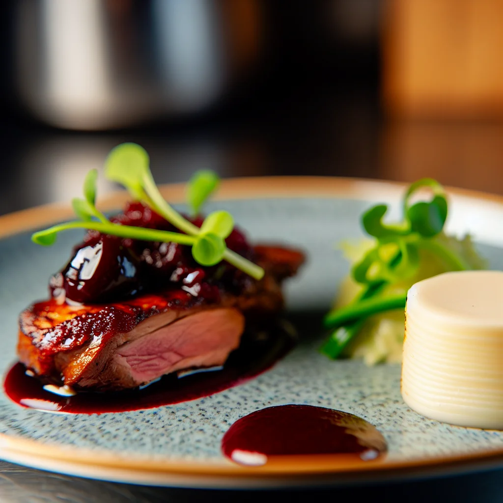 Suprême de canard aux cerises et purée de céleri-rave