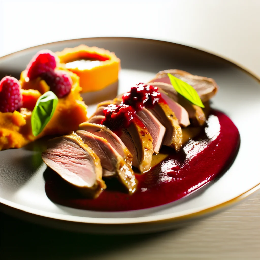 Suprême de canard aux framboises et purée de patates douces