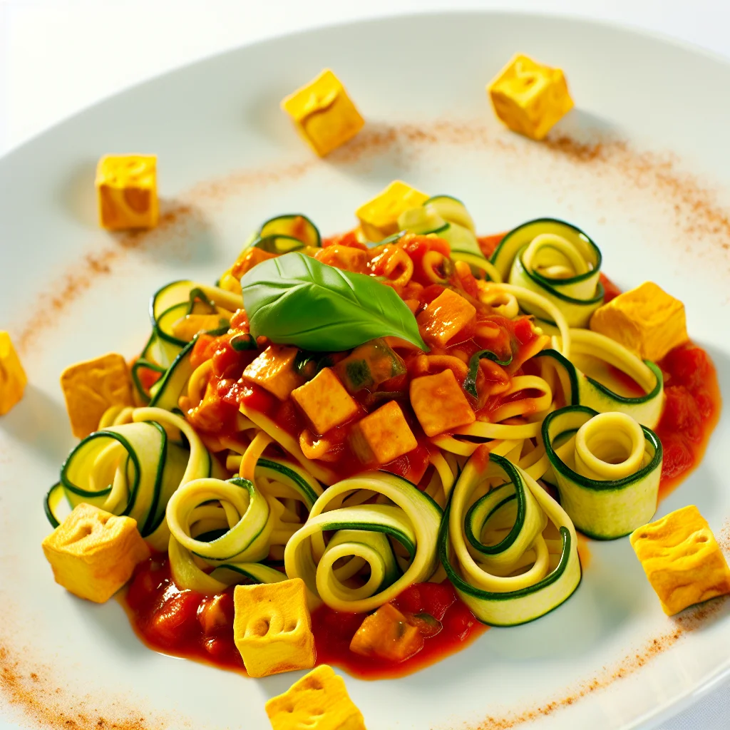 Tagliatelles de courgette à la sauce tomate et tofu