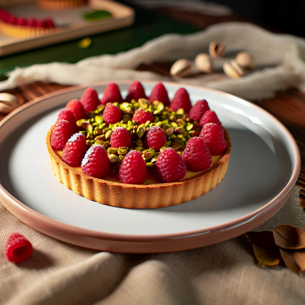 Tarte aux framboises et à la crème de pistache