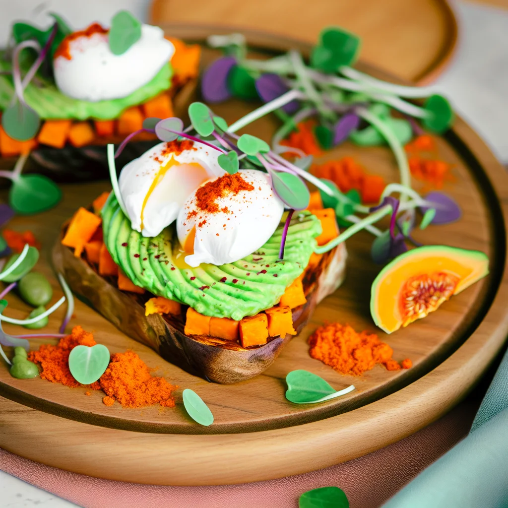 Toasts de patate douce à l'avocat et œufs pochés